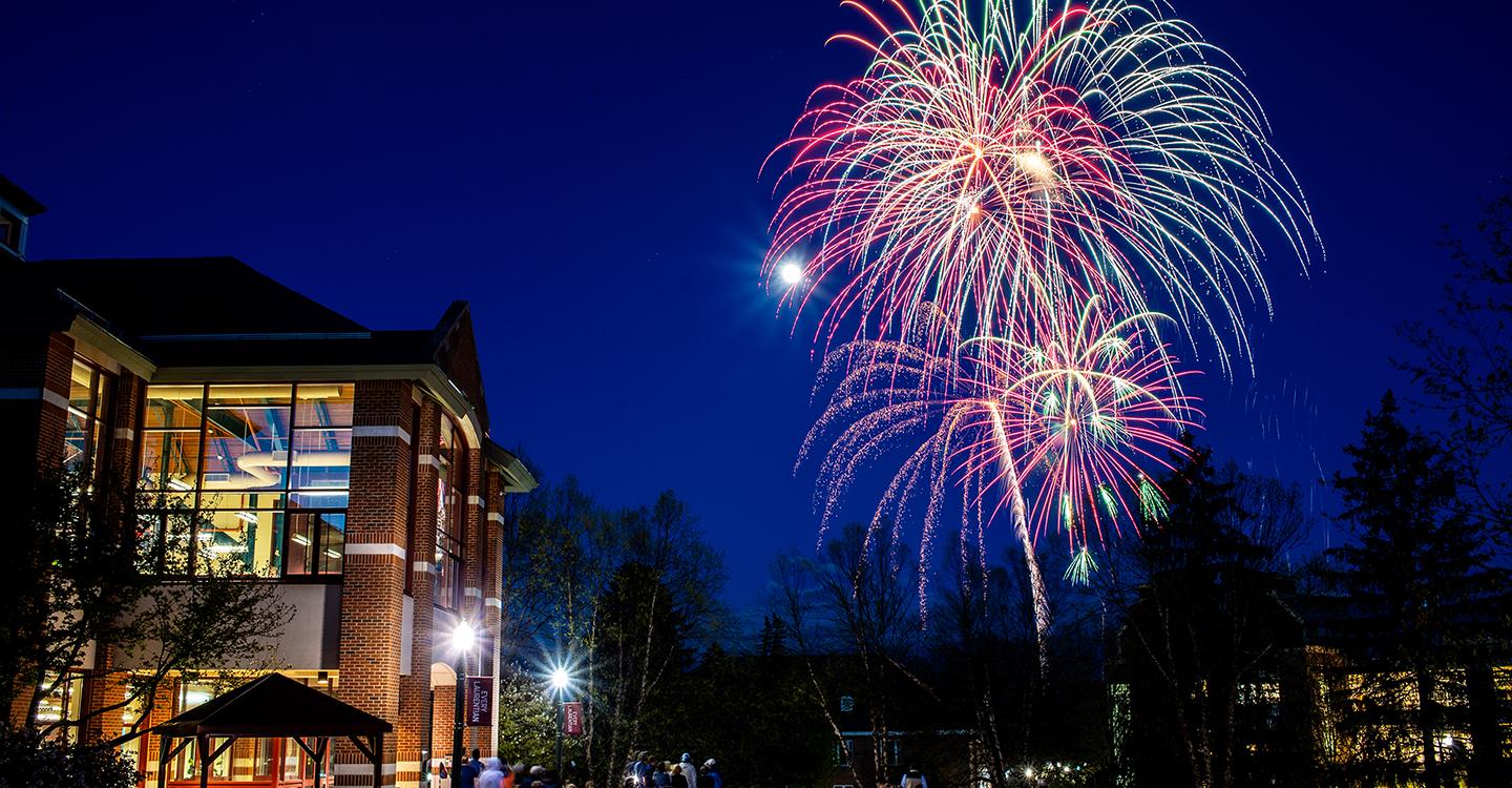 Sullivan Student Center with Fireworks at night