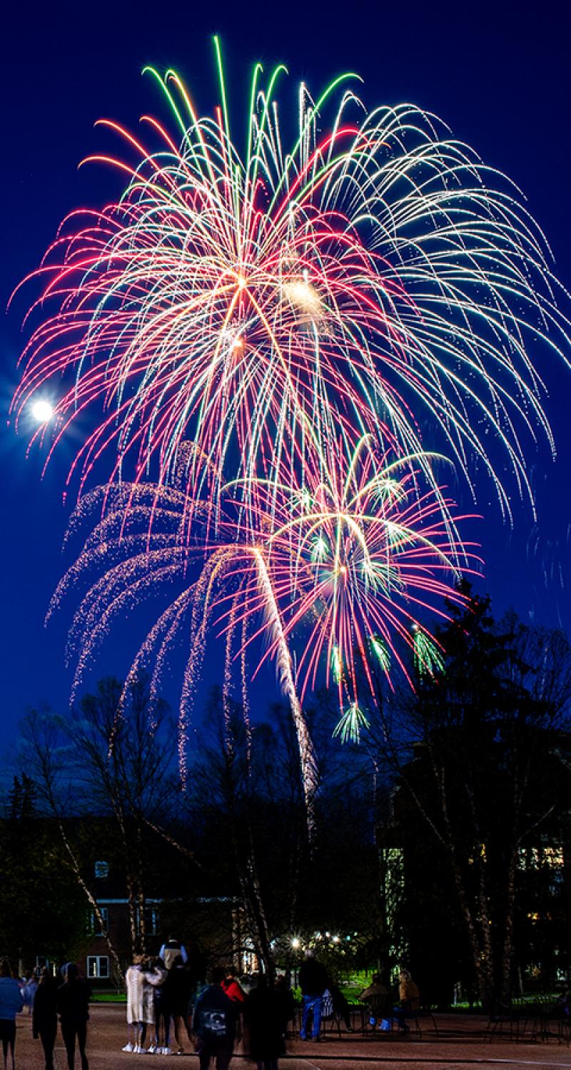 Sullivan Student Center with Fireworks at night